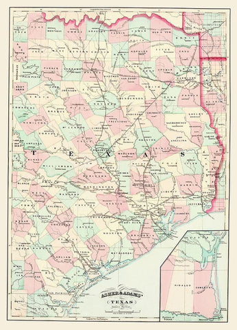 Texas Eastern Portion - Asher 1874 Black Ornate Wood Framed Art Print with Double Matting by Asher
