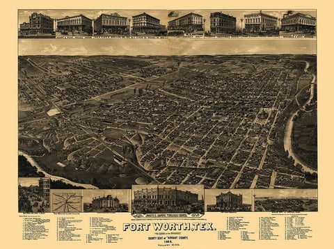 Fort Worth Texas - Beck 1885 Black Ornate Wood Framed Art Print with Double Matting by Beck