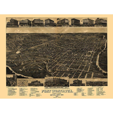 Fort Worth Texas - Beck 1885 Gold Ornate Wood Framed Art Print with Double Matting by Beck