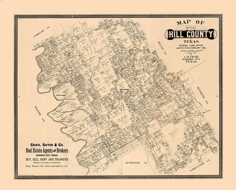 Hill County Texas - Craig 1886  Black Ornate Wood Framed Art Print with Double Matting by Craig