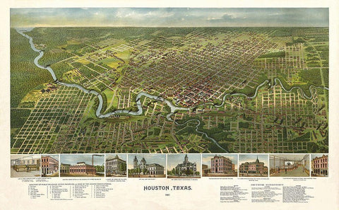 Houston Texas - 1891 Black Ornate Wood Framed Art Print with Double Matting by Unknown