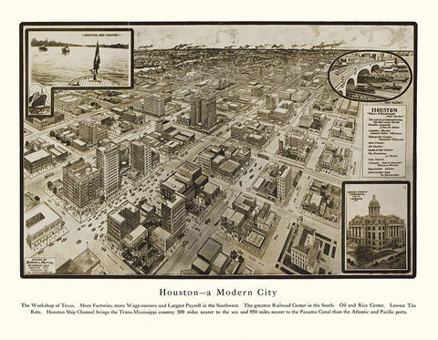 Houston Texas - Hopkins 1912 Black Ornate Wood Framed Art Print with Double Matting by Hopkins