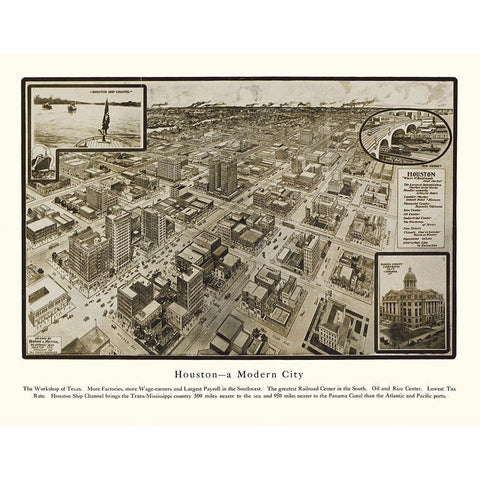 Houston Texas - Hopkins 1912 Gold Ornate Wood Framed Art Print with Double Matting by Hopkins