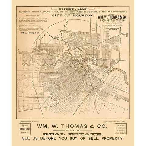 Houston Texas - Thomas 1890  White Modern Wood Framed Art Print by Thomas