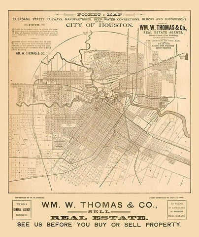 Houston Texas - Thomas 1890  Black Ornate Wood Framed Art Print with Double Matting by Thomas