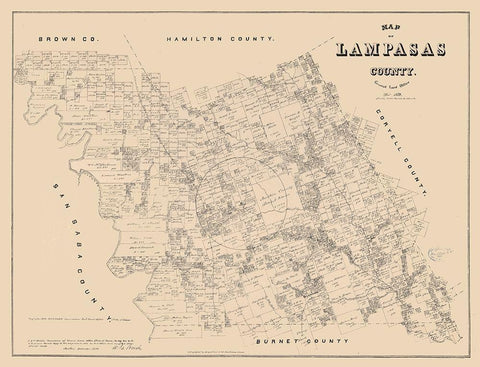 Lampasas County Texas - Walsh 1879  Black Ornate Wood Framed Art Print with Double Matting by Walsh