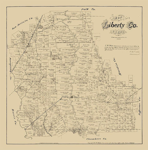 Liberty County Texas - Walsh 1879  Black Ornate Wood Framed Art Print with Double Matting by Walsh