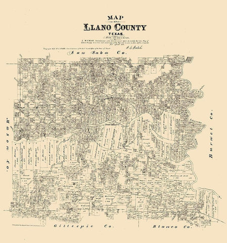 Llano County Texas - Walsh 1879  Black Ornate Wood Framed Art Print with Double Matting by Walsh