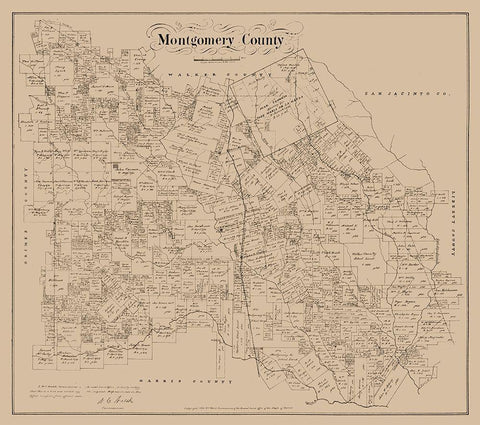 Montgomery County Texas - Walsh 1880  Black Ornate Wood Framed Art Print with Double Matting by Walsh