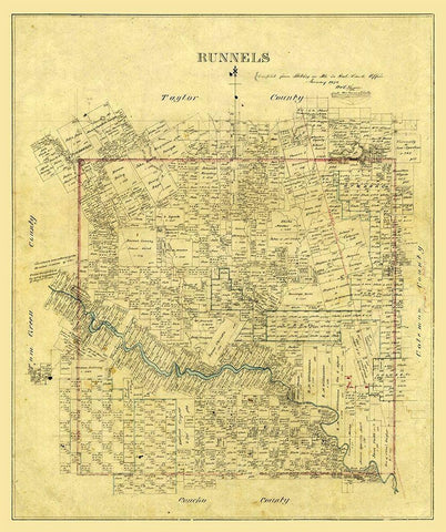 Runnels County Texas -1878 Black Ornate Wood Framed Art Print with Double Matting by Unknown
