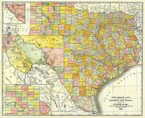 Texas Railroads and Counties - Rand McNally 1882 Black Ornate Wood Framed Art Print with Double Matting by Rand McNally