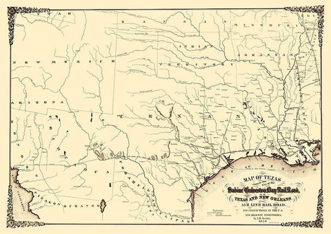 Sabine and Galveston Bay Railroad - Gentry 1859 Black Ornate Wood Framed Art Print with Double Matting by Gentry