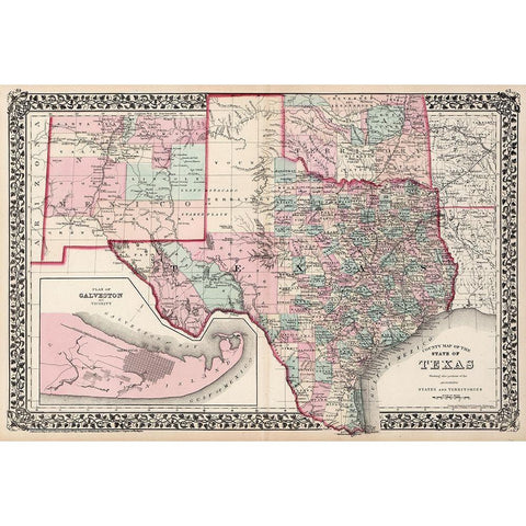 Texas Counties - Gamble 1876  Black Modern Wood Framed Art Print with Double Matting by Gamble