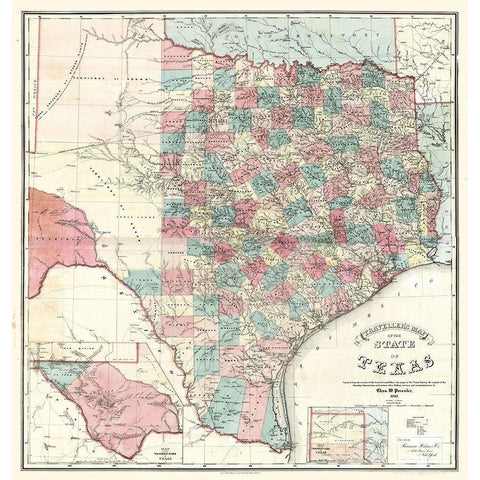 Travellers Map Texas - Pressler 1867  Black Modern Wood Framed Art Print with Double Matting by Pressler