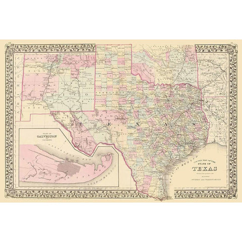 Texas - County Map - Mitchell 1880 Gold Ornate Wood Framed Art Print with Double Matting by Mitchell