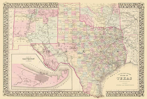 Texas - County Map - Mitchell 1880 White Modern Wood Framed Art Print with Double Matting by Mitchell