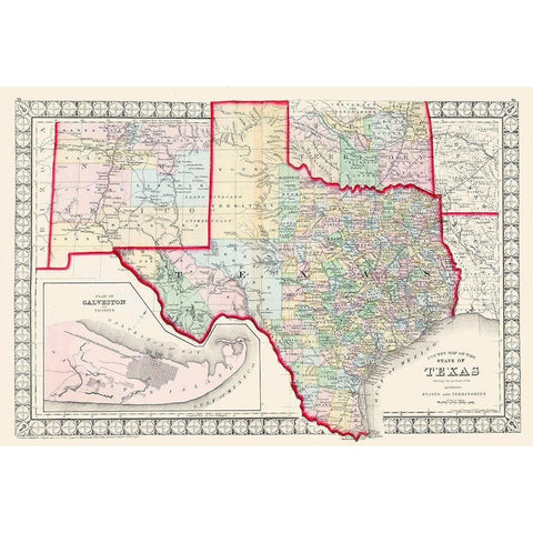 Texas - Augustus Mitchell 1874 Black Modern Wood Framed Art Print with Double Matting by Mitchell