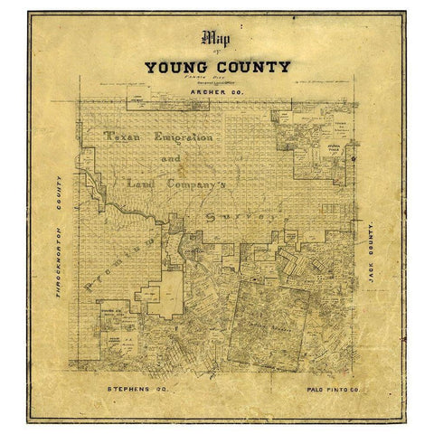 Young County Texas - Finerney 1880  Black Modern Wood Framed Art Print by Finerney