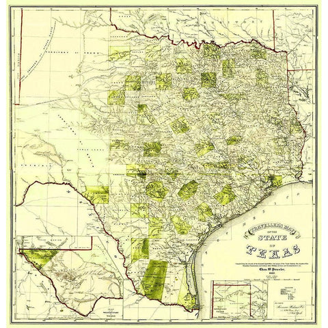 Travellers Map of the State of Texas 1867 Black Modern Wood Framed Art Print with Double Matting by Pressler