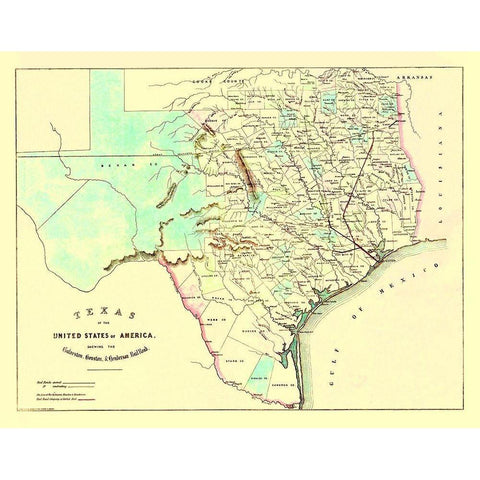 Galveston, Houston, Henderson Railroad 1872 Black Modern Wood Framed Art Print with Double Matting by King