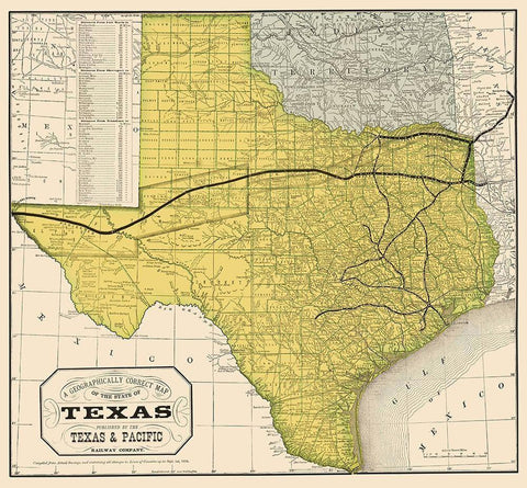 Texas Geographical Map 1876 Black Ornate Wood Framed Art Print with Double Matting by Unknown