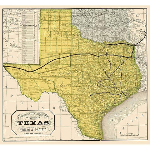 Texas Geographical Map 1876 Black Modern Wood Framed Art Print with Double Matting by Unknown