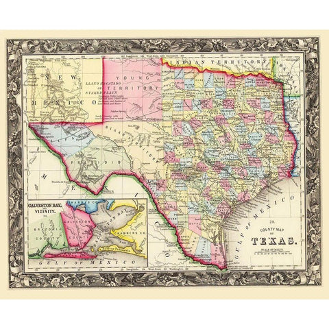 Texas State and County - Mitchell 1860 White Modern Wood Framed Art Print by Mitchell