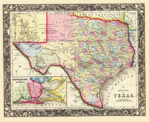 Texas State and County - Mitchell 1860 Black Ornate Wood Framed Art Print with Double Matting by Mitchell