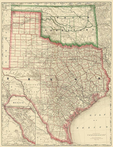 Texas and Indian Territory - Rand McNally 1879 Black Ornate Wood Framed Art Print with Double Matting by Rand McNally