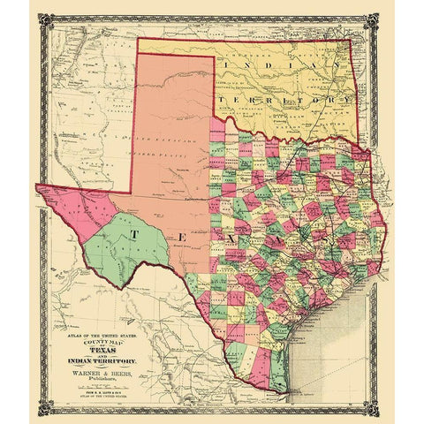 Texas and Indian Territory - Warner and Beers 1876 White Modern Wood Framed Art Print by Beers