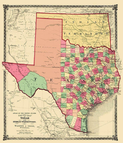 Texas and Indian Territory - Warner and Beers 1876 White Modern Wood Framed Art Print with Double Matting by Beers