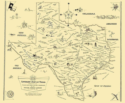 Texas Literary Map - National Bank of Dallas 1955 Black Ornate Wood Framed Art Print with Double Matting by National Bank of Dallas