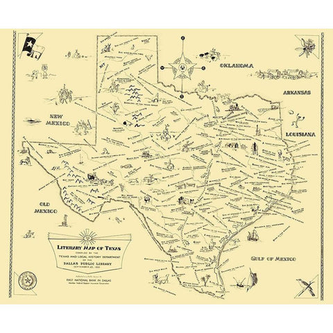 Texas Literary Map - National Bank of Dallas 1955 White Modern Wood Framed Art Print by National Bank of Dallas