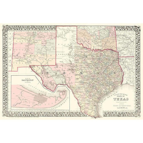 Texas Counties - Gamble 1876 Gold Ornate Wood Framed Art Print with Double Matting by Gamble