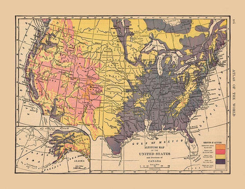 Altitude Map of US, Canada - Hammond 1910 White Modern Wood Framed Art Print with Double Matting by Hammond