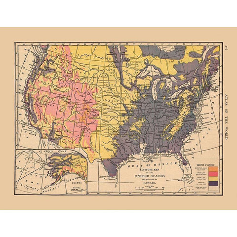 Altitude Map of US, Canada - Hammond 1910 White Modern Wood Framed Art Print by Hammond