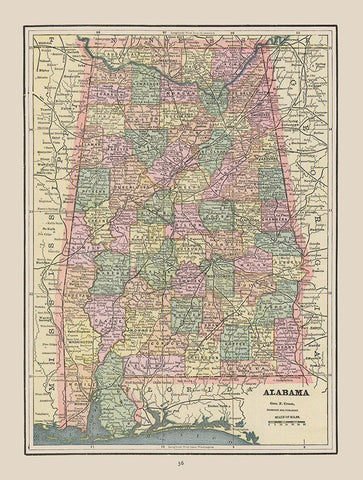 Alabama - Cram 1892 White Modern Wood Framed Art Print with Double Matting by Cram