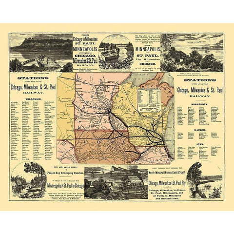 Chicago, Milwaukee, St Paul Railway Stations 1874 Gold Ornate Wood Framed Art Print with Double Matting by Rand McNally