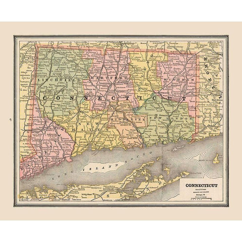 Connecticut - Cram 1888 Gold Ornate Wood Framed Art Print with Double Matting by Cram