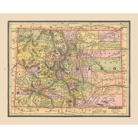 Colorado, United States - Cram 1888 White Modern Wood Framed Art Print by Cram