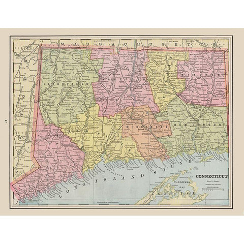 Connecticut - Cram 1892 Gold Ornate Wood Framed Art Print with Double Matting by Cram