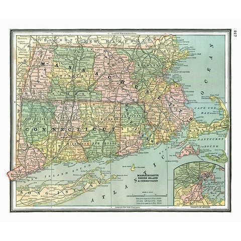 Massachusetts, Connecticut - Johnson 1888 White Modern Wood Framed Art Print by Johnson