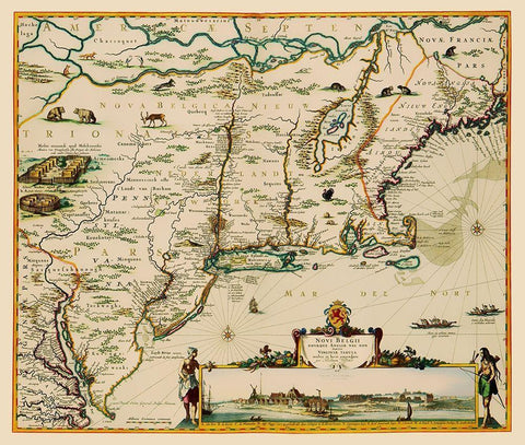 US East Coast, Chesapeake Bay to Maine 1685 Black Ornate Wood Framed Art Print with Double Matting by Danckerts