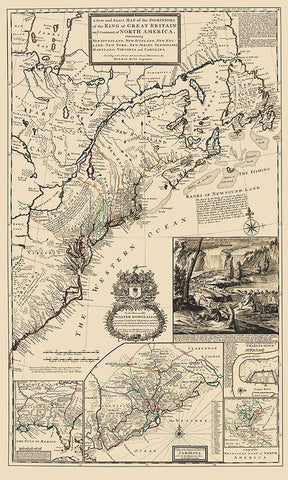 United States Northeast Coast - Moll 1711 Black Ornate Wood Framed Art Print with Double Matting by Moll