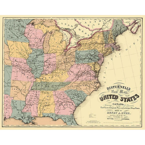 US East Railroad, Telegraph, Stage Coach 1850 Black Modern Wood Framed Art Print with Double Matting by Disturnell