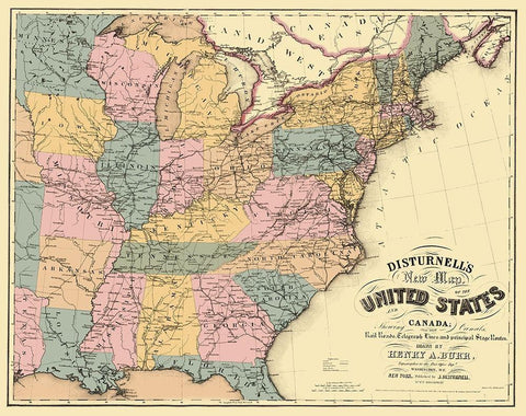 US East Railroad, Telegraph, Stage Coach 1850 Black Ornate Wood Framed Art Print with Double Matting by Disturnell