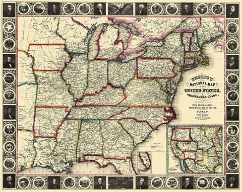 US East Phelps Travellers Guide 1852 Black Ornate Wood Framed Art Print with Double Matting by Ensign