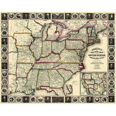 US East Phelps Travellers Guide 1852 Gold Ornate Wood Framed Art Print with Double Matting by Ensign