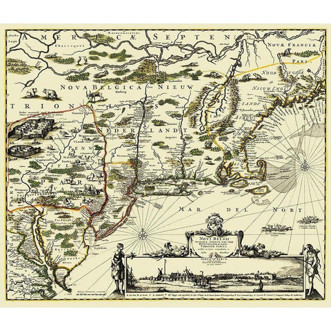 New England Original Colonies - 1673 Gold Ornate Wood Framed Art Print with Double Matting by Unknown