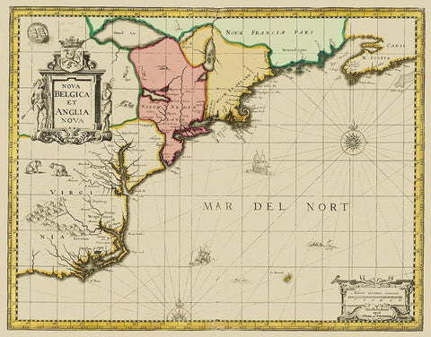 New England to Virginia, Nova Belgica - Valk 1636 White Modern Wood Framed Art Print with Double Matting by Valk